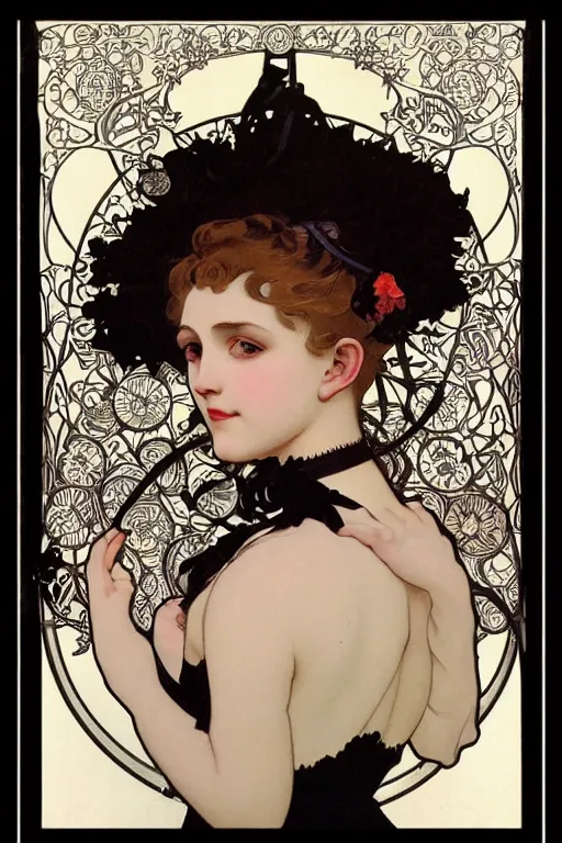 Prompt: A close-up portrait of a cute goth girl wearing a frilly black dress and a black lace choker by Alphonse Mucha, art nouveau card, wlop, trending on artstation, 8k
