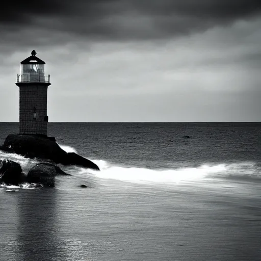 Prompt: An abstract lighthouse with the sea, crime fiction style