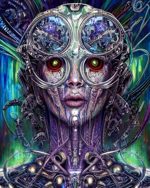 Image similar to silver cybernetic crystalized bloody fleshangel clockwork djinnhost bro psychedelic shiner of zune with extra eyes, blue and green rainbow ketamine, by antonio j. manzanedo, alex grey, android jones, wayne barlowe, philippe druillet, josephine wall, harumi hironaka, cronenburg, trending on artstation