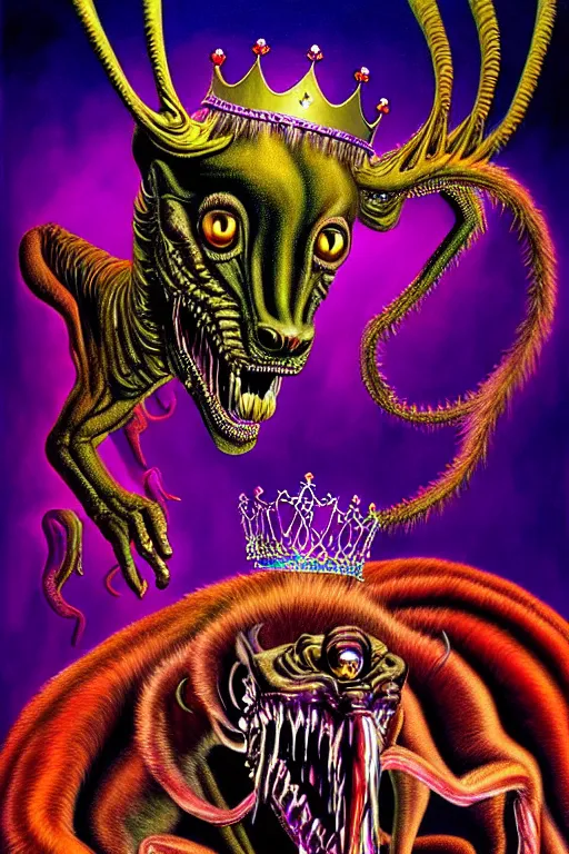 Prompt: a hyperrealistic painting of a hideous transparent chimera being crown prom queen and prom king, cinematic horror by chris cunningham, lisa frank, richard corben, highly detailed, vivid color,