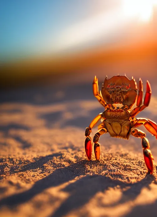 Prompt: a happy crab holding a beer in a beach, golden hour, bokeh, 4k