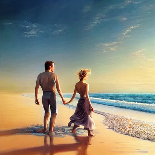 Prompt: beautiful serene intricate portrait of jennifer lawrence and jennifer lawrence, walking togetheron the beach, golden hour, soft focus, 8 k, art by irakli nadar, hyperrealism, hyperdetailed, ultra realistic