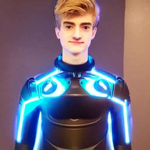 Image similar to “a realistic detailed photo of a guy who is an attractive humanoid who is half robot and half humanoid, who is a male android, twitch streamer Ninja Tyler Blevins, shiny skin, posing like a statue, blank stare, gaming room, close up”