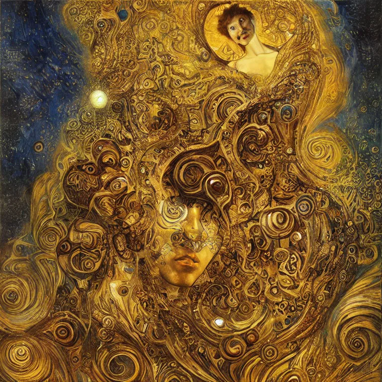 Image similar to Divine Chaos Engine by Karol Bak, Jean Deville, Gustav Klimt, and Vincent Van Gogh, celestial, visionary, sacred fractal structures, ornate gilded medieval icon, spirals, 8k 3D