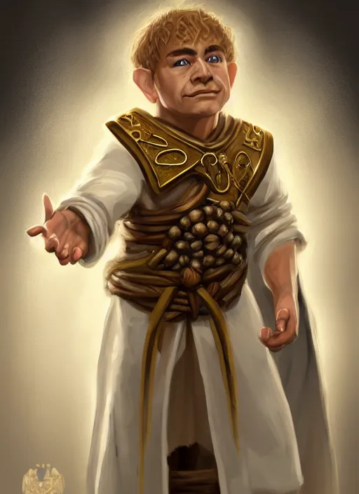 Image similar to symmetry!! oil painting digital art dungeons & dragons facial portrait of a caucasian halfling male cleric, with a ponytail, white robe with gold accents, white and brown robe with gold accents, necklace of a footprint, elegant, highly detailed, digital painting, artstation, concept art, sharp focus, illustration