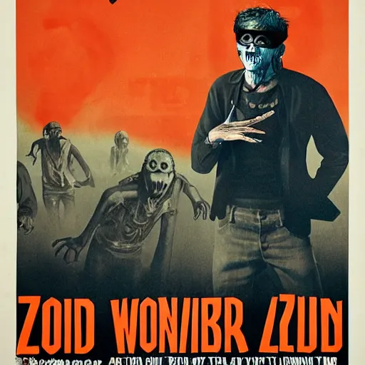 Image similar to old film poster zombie wearing vr, text reads zombie,!!!!!!!!! zombie!!!!!!!!!