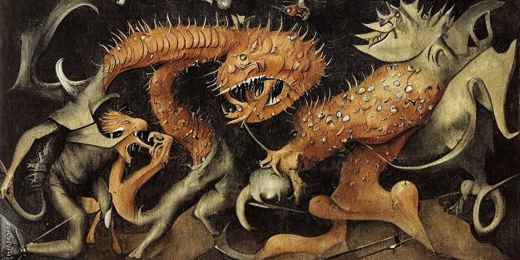 Image similar to a tarrasque fighting a powerful wizard as drawn by hieronymus bosch, oil painting, highly detailed