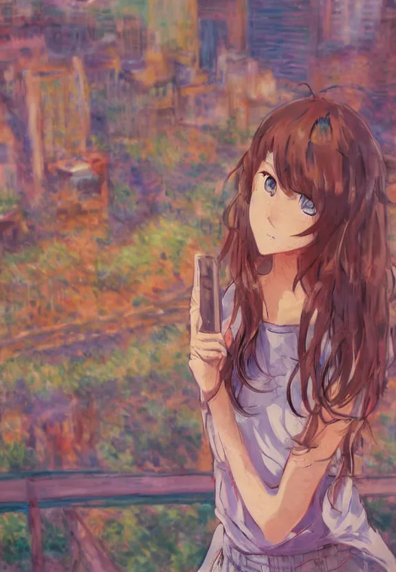 Image similar to wide angle portrait of a teenage girl, a thrifty outfit, very anime in impressionist style, city background, anime trending artwork, anime painter studio, by claude monet