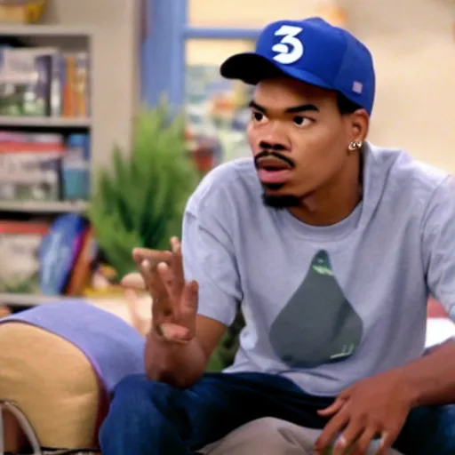 Image similar to a tv still of Chance The Rapper starring as a college student in a 1998 sitcom, 40mm lens