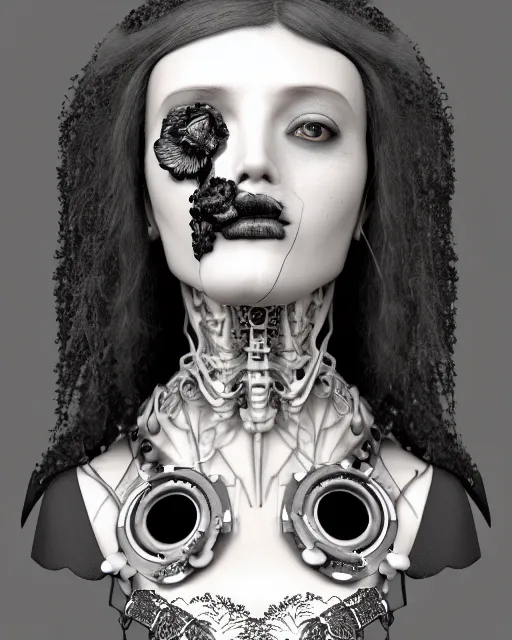 Image similar to black and white dreamy foggy smoky profile face portrait, one silver steampunk realistic eye biomechanical beautiful young female cyclope - cyborg - robot bust, body ribs meshes,, volumetric light, hibiscus flowers, by hg giger, rim light, by dora maar and cecile beaton, big gothic fashion pearl embroidered collar, 8 k