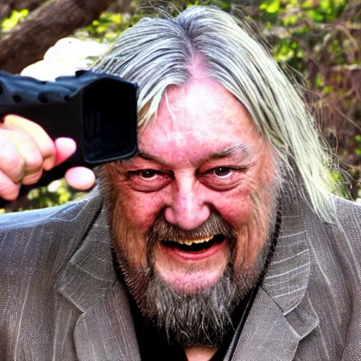 Prompt: laughing robert wyatt with mouth wide open pointing a gun directly at the camera