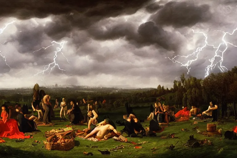 Prompt: a detailed illustration of a god ruining a picnic in the park, nightmare in the park, calamity, dark storms with lightning, ultrawide lens, aerial photography, natural disaster, 8 k, art by pierre - henri de valenciennes and caspar david friedrich and jacob gensler and eugene isabey