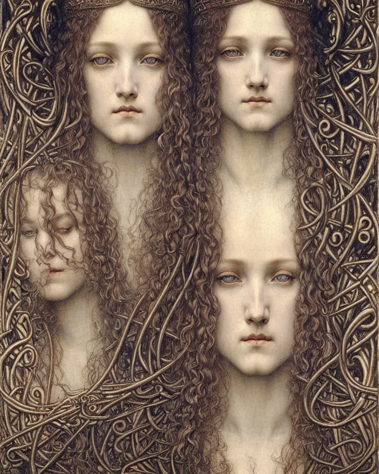 Image similar to detailed realistic beautiful young medieval queen face portrait by jean delville, gustave dore and marco mazzoni, art nouveau, symbolist, visionary, gothic, pre - raphaelite. horizontal symmetry