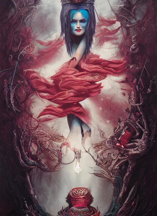 Image similar to queen of hearts the magician tarot card, highly detailed, cinematic, 8 k, by megan duncanson, stanley artgermm, tom bagshaw, craig mullins, carne griffiths, ayami kojima, beksinski, giger, trending on deviantart, hyper detailed, horror, full of colour