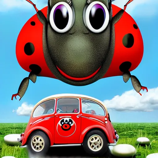 Prompt: a hybrid giant lady bug is merged with'herbie the love bug'car, digital art, phtorealistic, imax, 7 0 mm, movie still