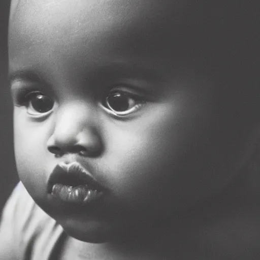 Image similar to the face of kanye west at 2 years old, portrait by julia cameron, chiaroscuro lighting, shallow depth of field, 8 0 mm, f 1. 8