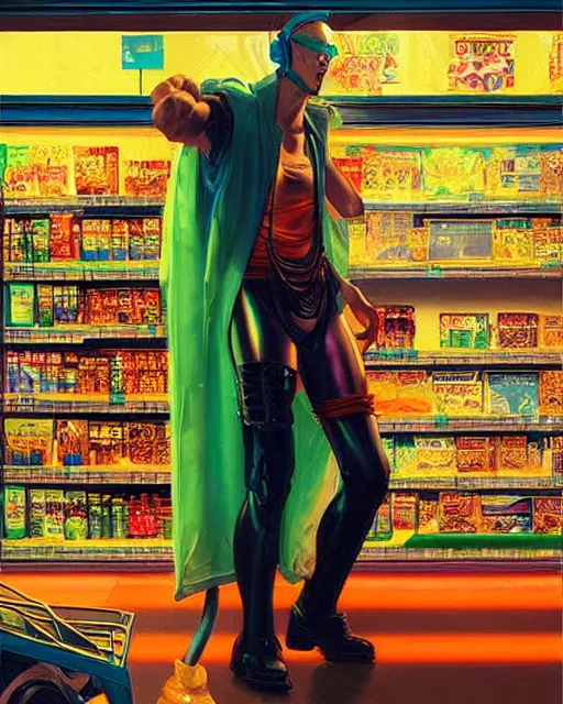 Prompt: cyberpunk man shopping at a neon soaked grocery store, science fiction painting, elegant intricate digital painting artstation, art by coby whitmore and gil elvgren, detailed