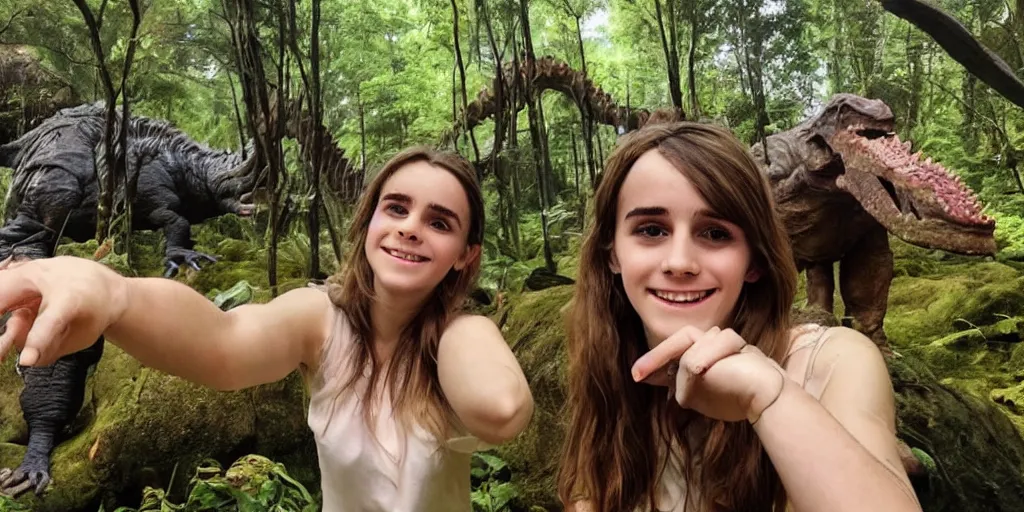 Prompt: photo, three hairy fat cave people, emma!! watson!!, looking at camera, surrounded by dinosaurs!, gigantic forest trees, sitting on rocks, bright moon, birthday cake on the ground, front close - up view of her face, selfie, jelly monster
