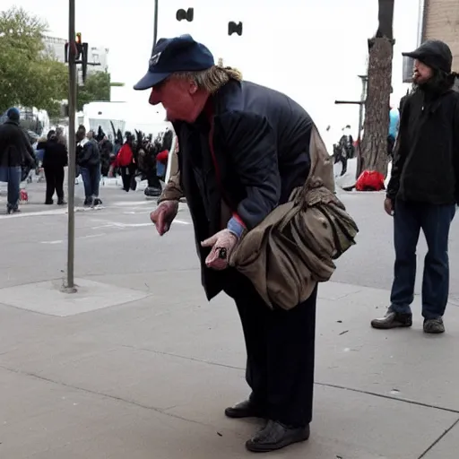 Image similar to donald trump dressed as a homeless man asking for money on the streets