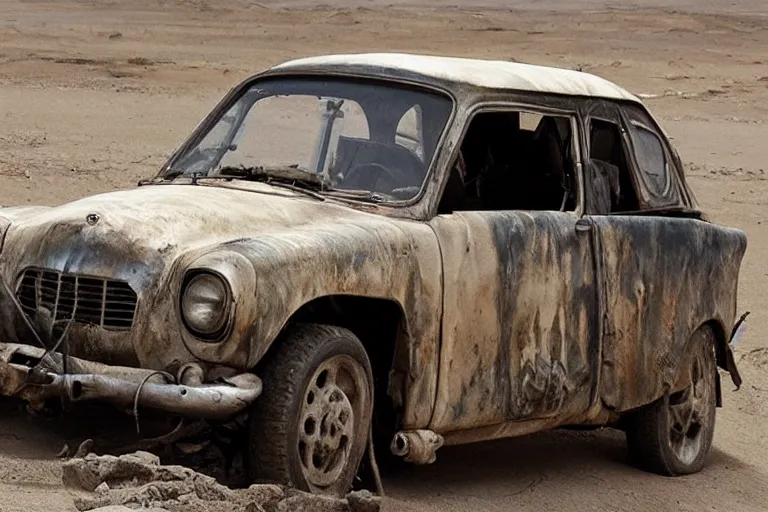Prompt: trabant in mad max fury road, scene from the film