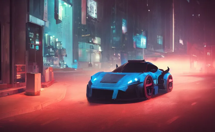 Image similar to One sport vehicle in the streets at night whit blue headlights on by Khyzyl Saleem , night time, stormy wheater, atmospheric, artstaion, concept art, sharp focus, high detail, octane render, cyberpunk