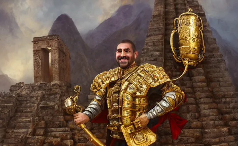 Image similar to smiling spanish conquer soldier francisco pizarro holding golden cup on a inca temple, wide view, high detailed, full perfect, symmetrical portrait, high detail, by craig mullins, peter mohrbacher, unreal engine, octane rendered, 8 k, dark beauty, trending on artstation