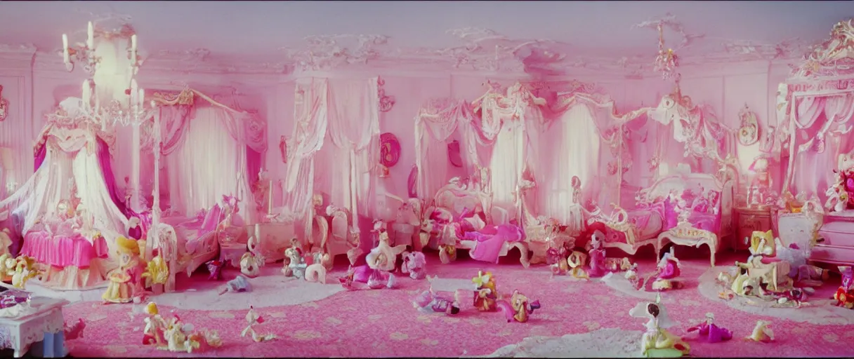 Prompt: movie still 4 k uhd 3 5 mm film color photograph of an princess room full of toys and dolls