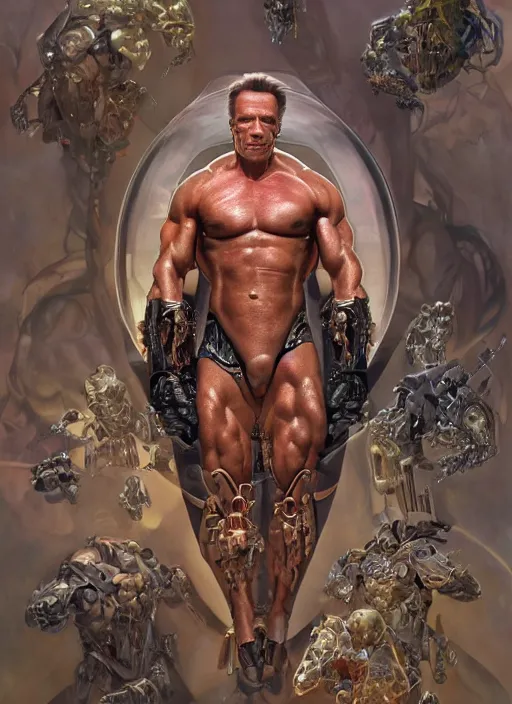 Image similar to arnold schwarzenegger as a organic cyborg, diffuse lighting, fantasy, intricate, elegant, highly detailed, lifelike, photorealistic, digital painting, artstation, illustration, concept art, smooth, sharp focus, art by john collier and albert aublet and krenz cushart and artem demura and alphonse mucha