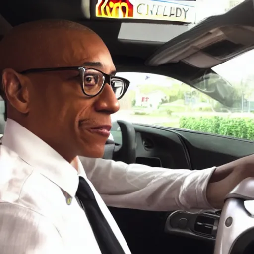 Prompt: Gus Fring sitting at a mcdonalds drive thru