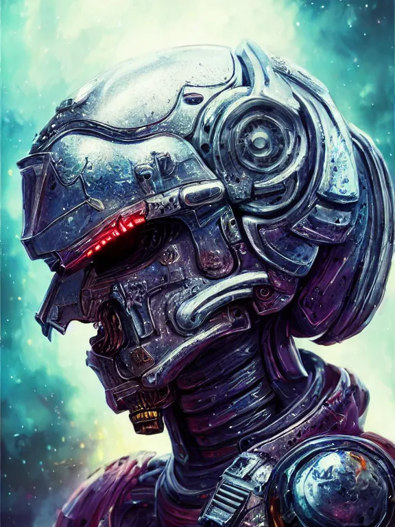 Prompt: portrait art of 8k ultra realistic undead space marine, side profile, galaxy reflection ion in helmet, deep space , detailed intricate ornate armour,eldritch horror,blade runner, cybernetic, full of colour, cinematic lighting, trending on artstation, 4k, hyperrealistic, focused, extreme details,unreal engine 5, cinematic, masterpiece, art by ayami kojima, giger