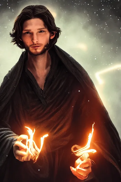 Image similar to Ben Barnes as a dark sorcerer, holding glowing magic before him in his hands, hair and cloak blowing in the wind, high detailed, hyper realistic, art station, 4k, 8k, atmosphere, cgstation