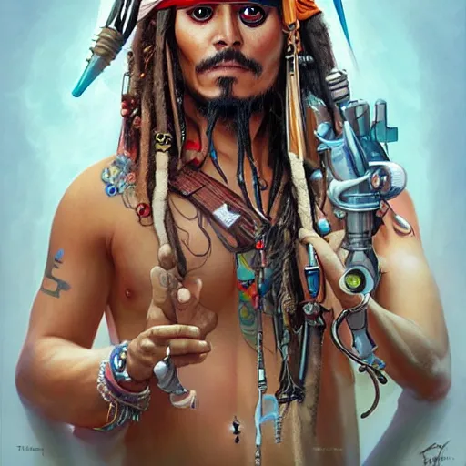 Prompt: Lofi BioPunk portrait of Jack Sparrow Pixar style by Tristan Eaton Stanley Artgerm and Tom Bagshaw