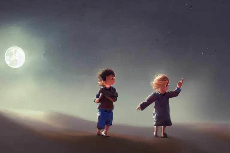 Prompt: a cute little boy and a girl wave their hands, dreamy matte painting, night time, volumetric lighting, smooth, trending on artstation, moonlit backdrop