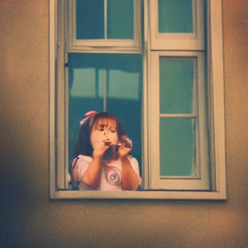 Image similar to a little girl with pigtails smoking a joint out of her rooms window, photography