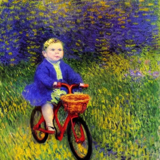 Prompt: baby riding a bike, Monet, yellow