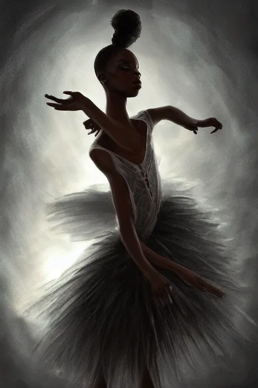 Image similar to black prima ballerina, gorgeous, ethereal, intricate, elegant, volumetric lighting, nature scenery, digital painting, highly detailed, artstation, sharp focus, illustration, concept art, clive barker