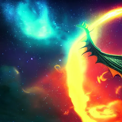 Image similar to dragon flying in space, glowing galaxy in the background, cinematic, detailed, clean, realistic