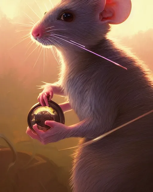 Image similar to highly detailed vfx portrait of a cute little rat with a bow, unreal engine, greg rutkowski, loish, rhads, beeple, makoto shinkai and lois van baarle, ilya kuvshinov, rossdraws, tom bagshaw, alphonse mucha, global illumination, detailed and intricate environment