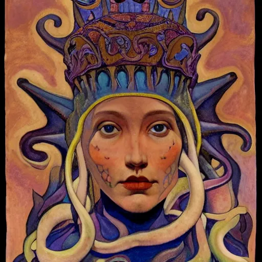 Prompt: the tentacle crown, by Annie Swynnerton! and Nicholas Roerich and (((Diego Rivera))), bioluminescent skin, tattoos, elaborate costume, geometric ornament, symbolist, rich colors, dramatic lighting, smooth, sharp focus, extremely detailed