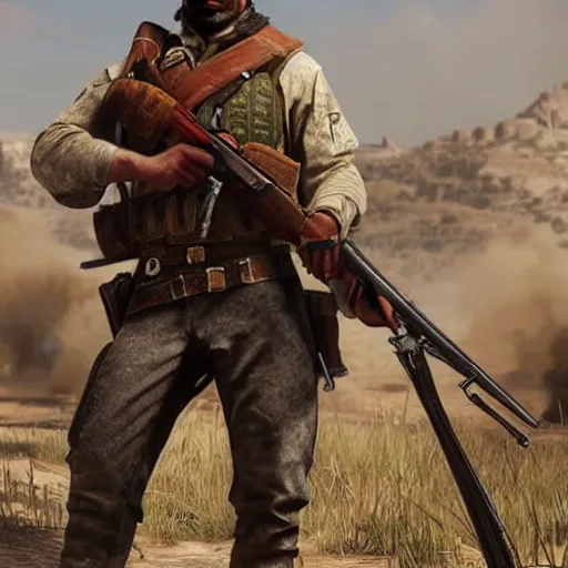 Prompt: concept art of a Kurdish peshmerga soldier in Red Dead Redemption 2, in Kurdistan, incredibly detailed, extremely high resolution, stunning