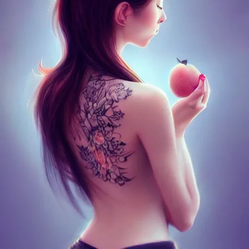 Prompt: Beautiful clothed woman holding a peach, seen from the back, intricate tatoos, digital art by WLOP and Artgerm