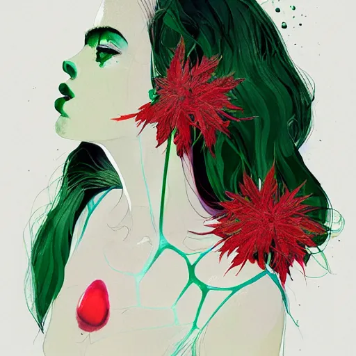 Image similar to surreal gouache painting by conrad roset, cannabis flowers growing out, portrait, cgsociety, artstation