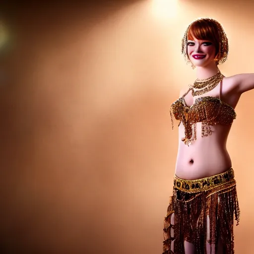 Image similar to a beautiful portrait of emma stone dressed as a belly dancer, arabian night, high quality, fully detailed, 4 k