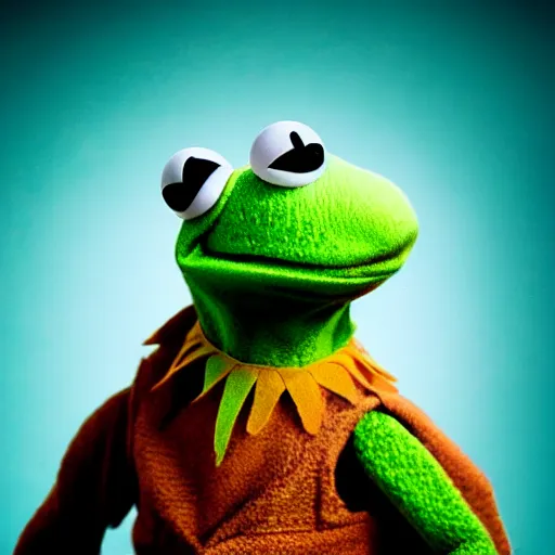 Image similar to portrait of kermit the frog, high fashion photography, looking strong, artistic, studio, coloured background, hippie, looking into the camera, cool, commercial, high quality, epic lighting, amazing, iconic