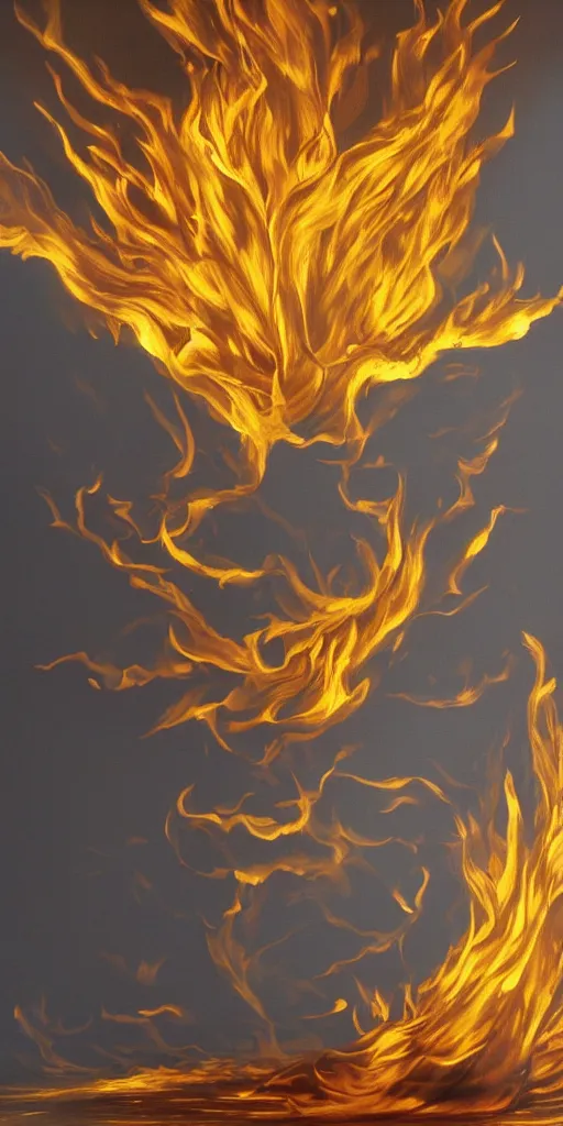 Image similar to a surreal painting of a made of golden fire, volumetric lighting