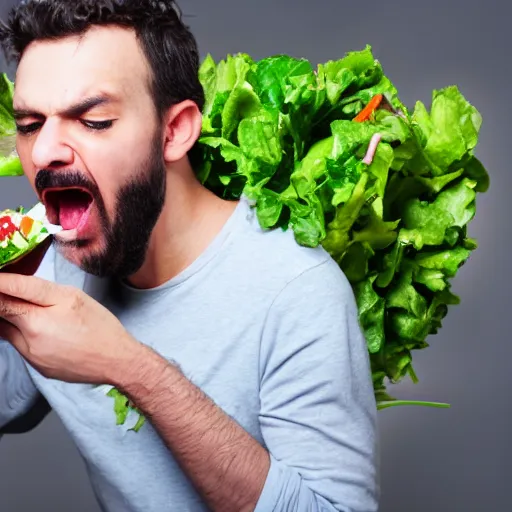 Image similar to man angrily eating salad, studio photography