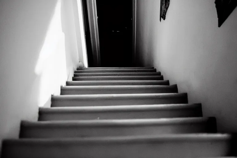 Image similar to standing at the top of stairs in a house, looking down over the shoulder at the ghost of a man at the bottom