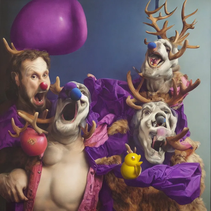 Prompt: rare hyper realistic portrait painting by italian masters, symmetrical composition, studio lighting, brightly lit purple room, a blue rubber duck with antlers laughing at a giant laughing white bear with a clown mask