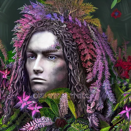 Prompt: half figure shot of a male knight, stern face, clear eyes, shining sword, in a dark forest, shining armour made of steel and flowers, and fractal flowery hair in a fractal garden, glowing delicate flower, berries and ferns that grow in a dark fantasy forest, clear face, peaceful face,