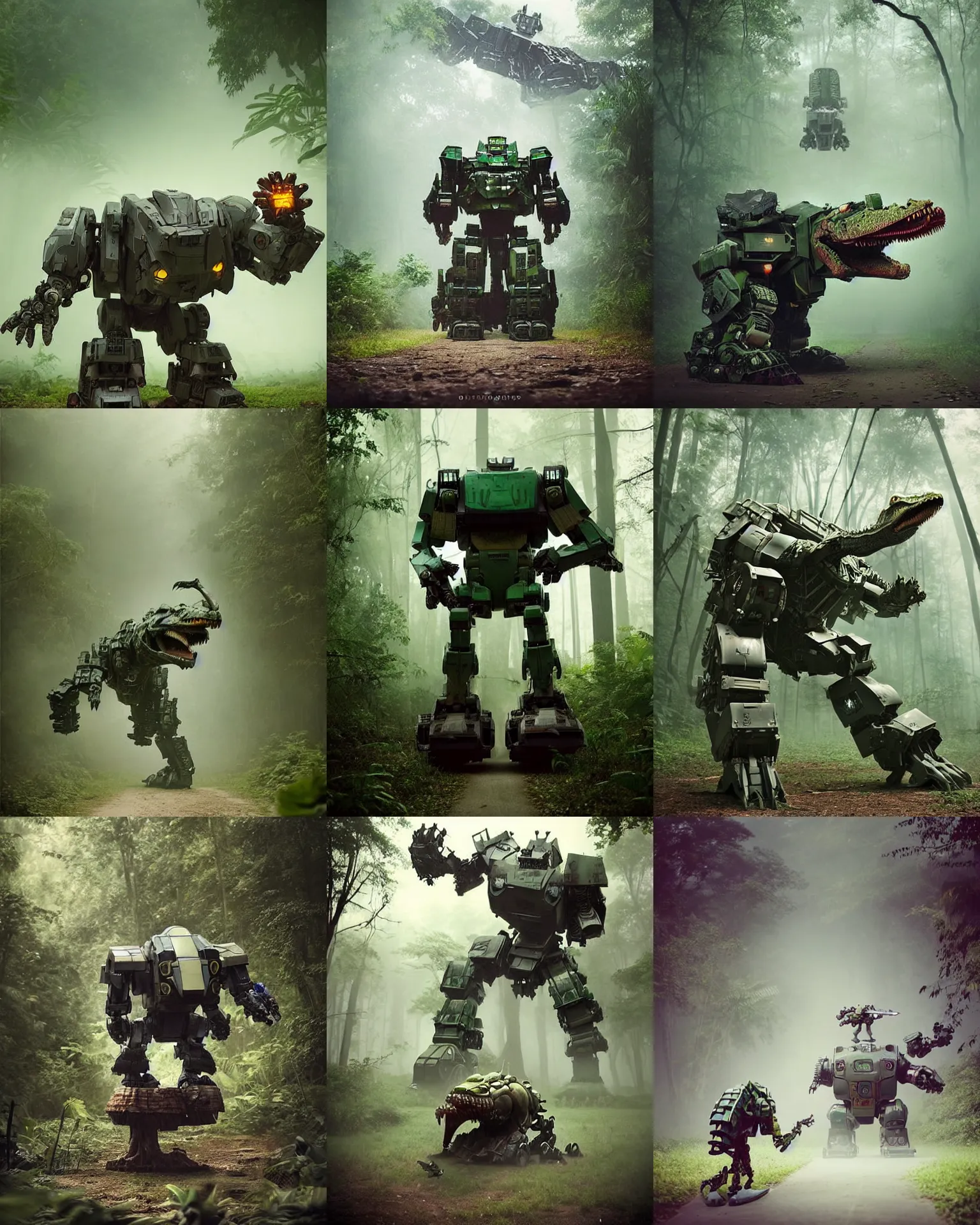 Prompt: epic chase!!!giant oversized battle crocodile robot chubby fat mech with big jaw as battle mecha robot weapon crocodile , in jungle forest !!! , full body , Cinematic focus, Polaroid photo, vintage , neutral dull colors, foggy mist ,by oleg oprisco , by victor enrich , by gregory crewdson , by discovery channel